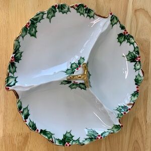 Vtg LEFTON White W/ Holly Berry Christmas 3 Divided Candy Dish Gold Handle JAPAN